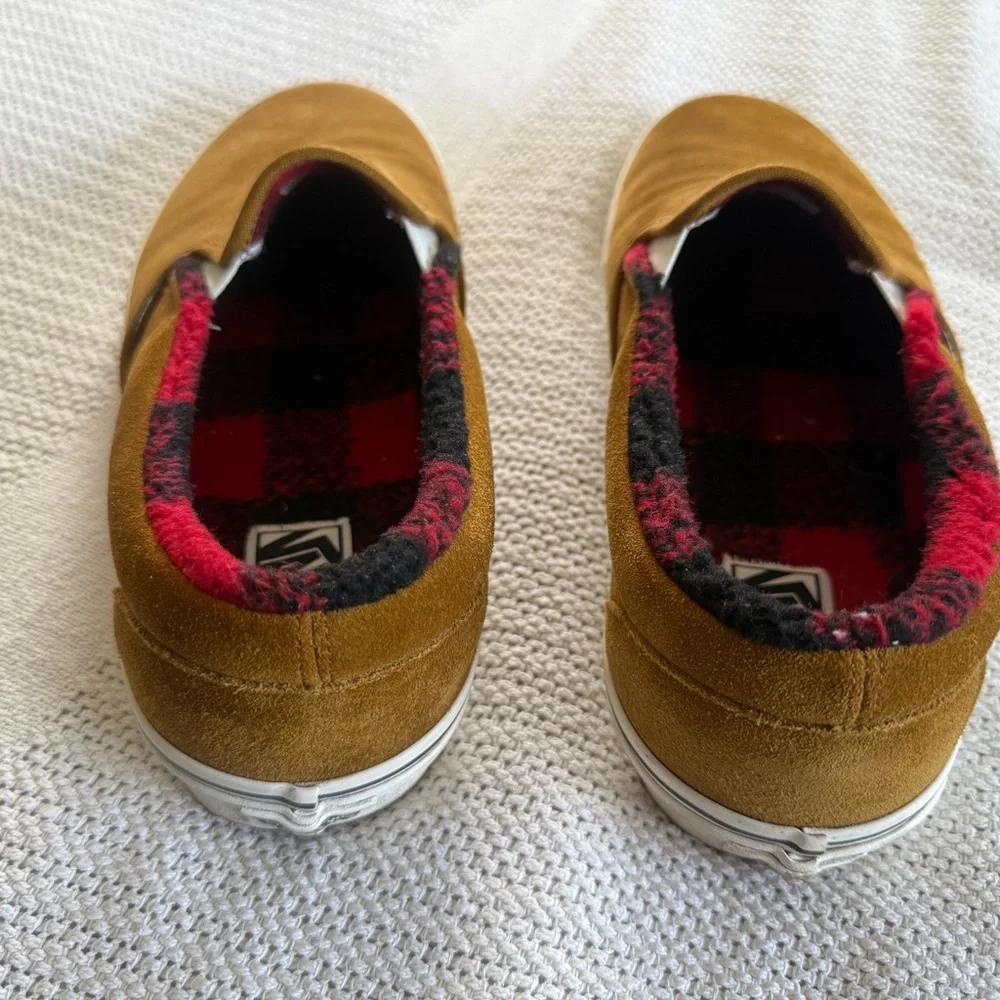 Vans Brown Plush Slip-On Sneakers with Red & Black Plaid Lining - Picture 2 of 6
